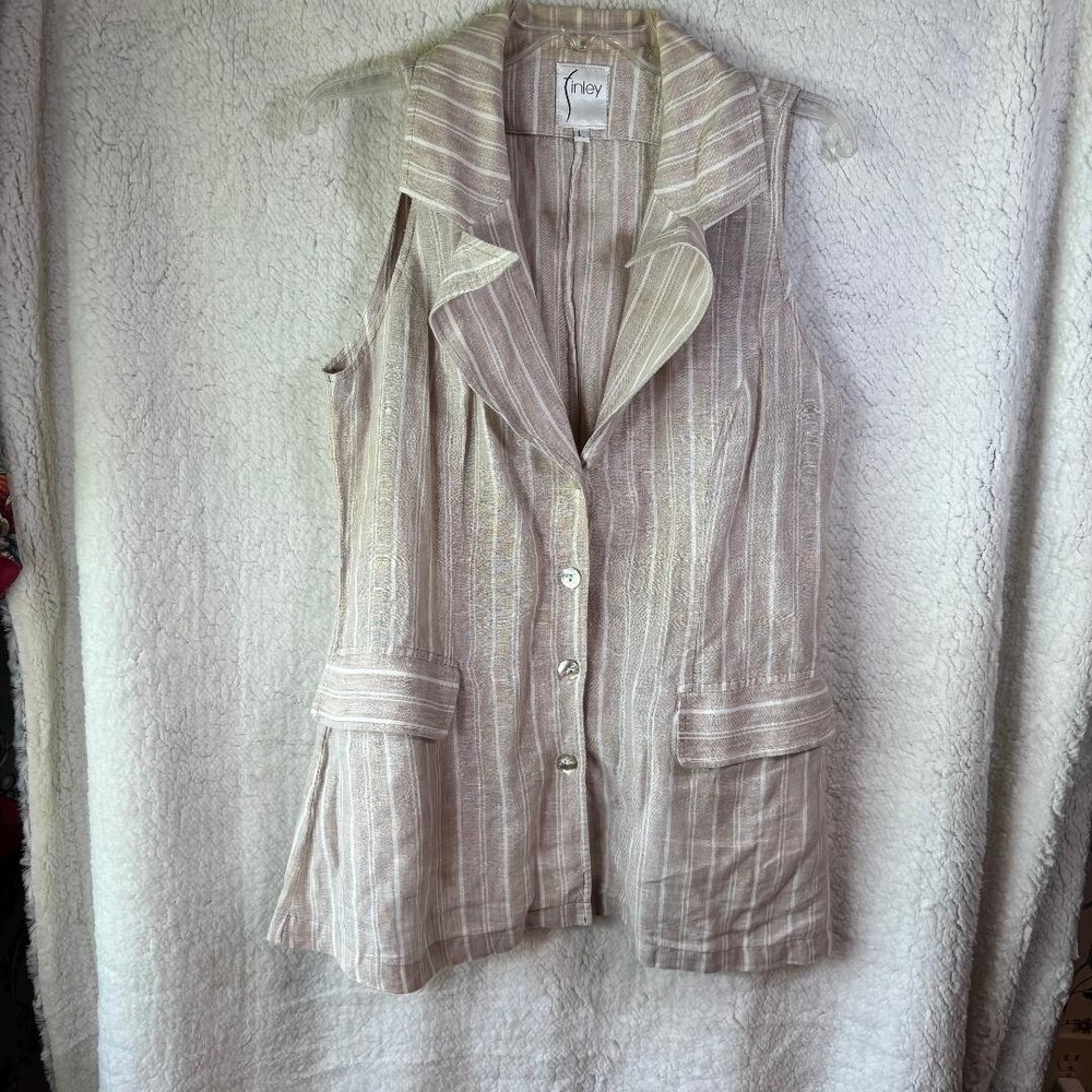 Finley Sleeveless 100% Linen Women's Top Beige and White Stripe Sz L Made in USA